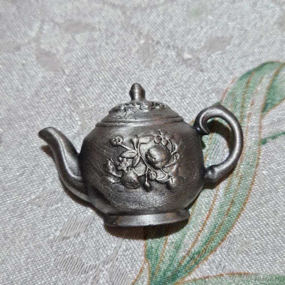 vintage whimsical coquette teapot pewter brooch